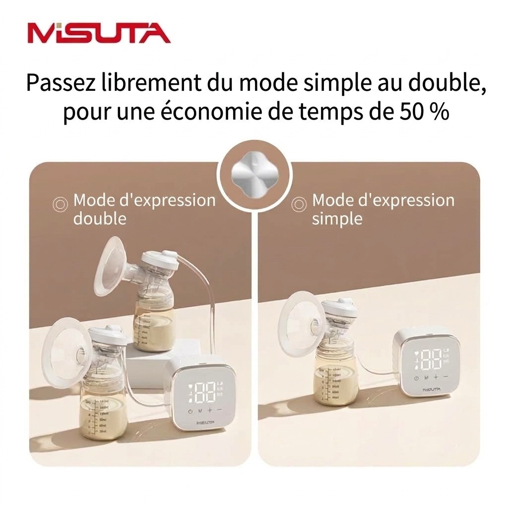 Tire-lait électrique double MISUTA, portable, avec 9 modes de stimulation et d'expression, en PP/PPSU sans BPA