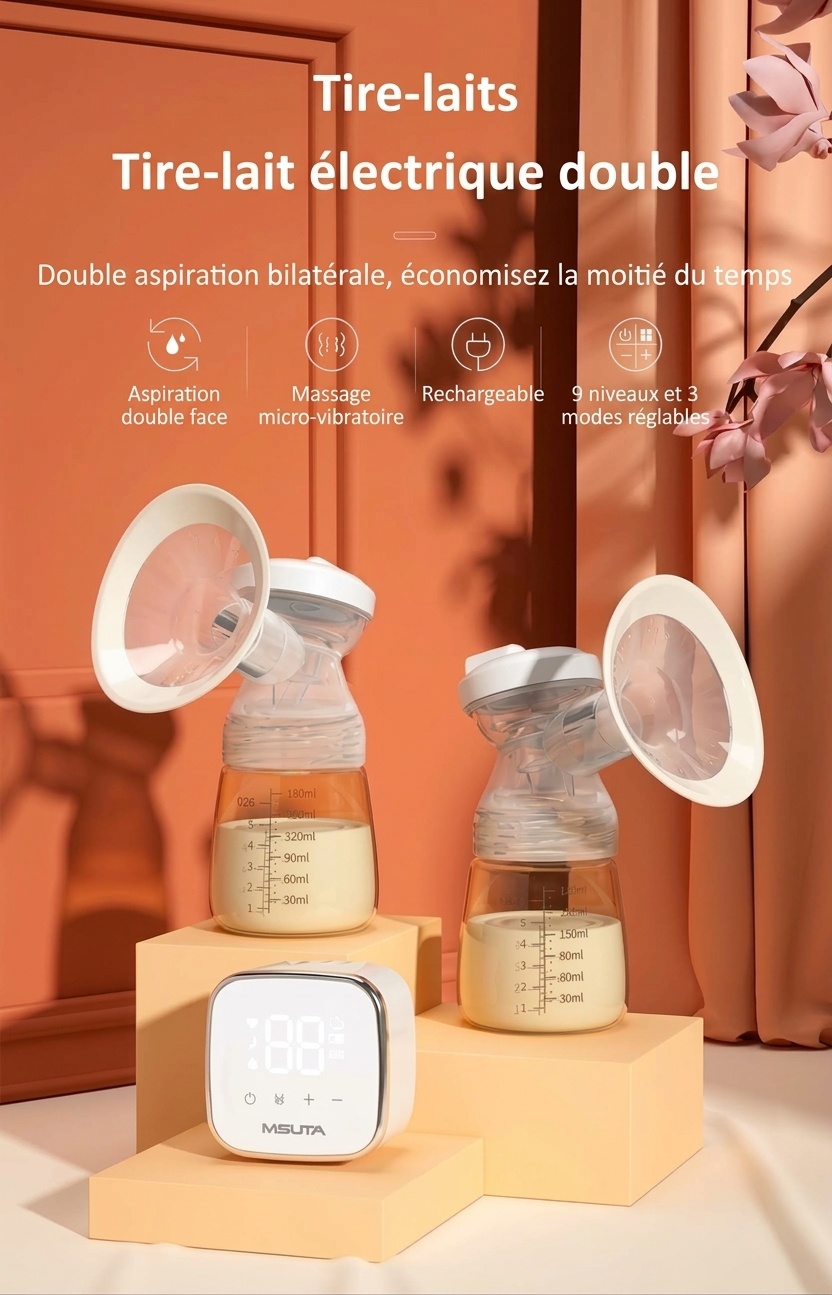 Tire-lait électrique double MISUTA, portable, avec 9 modes de stimulation et d'expression, en PP/PPSU sans BPA