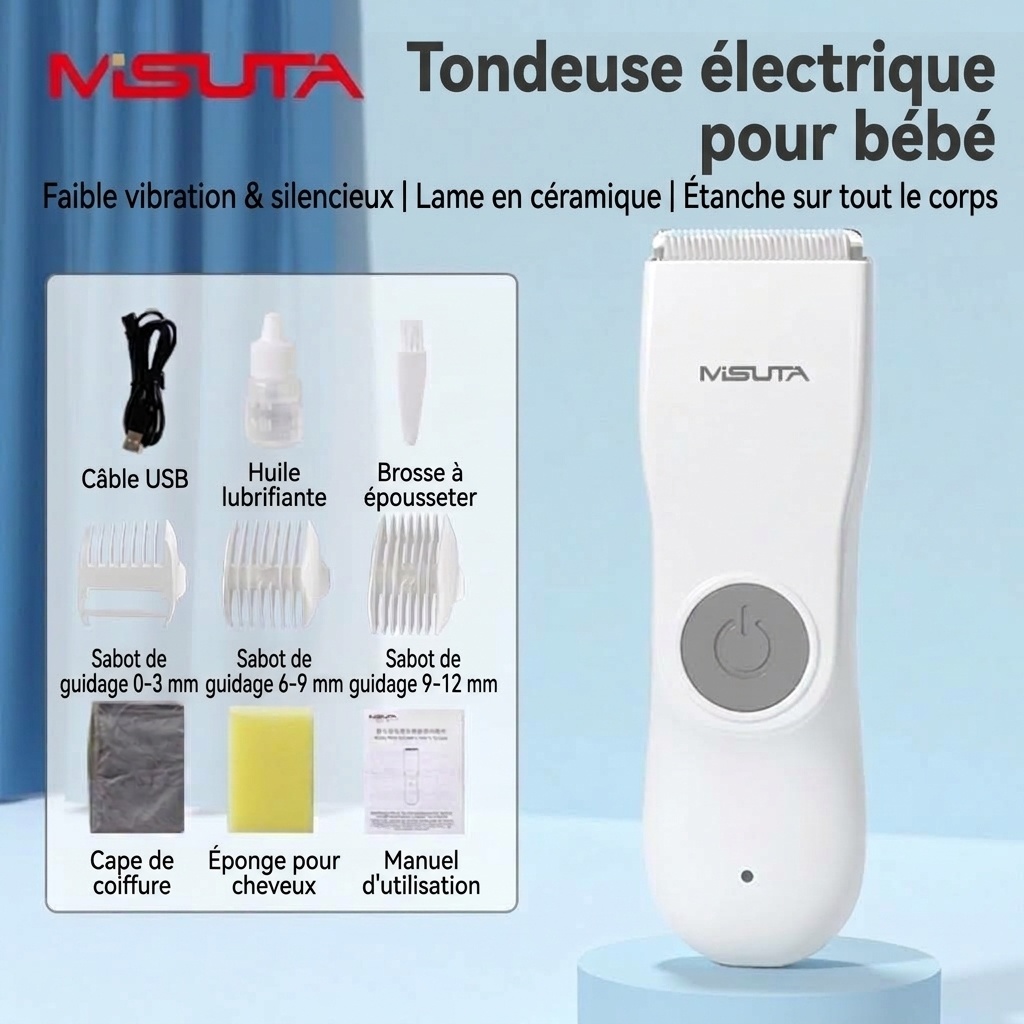 Tondeuse à cheveux pour bébé étanche MISUTA, tondeuse sans fil silencieuse pour nourrissons avec lames en céramique sûres et peignes de guidage
