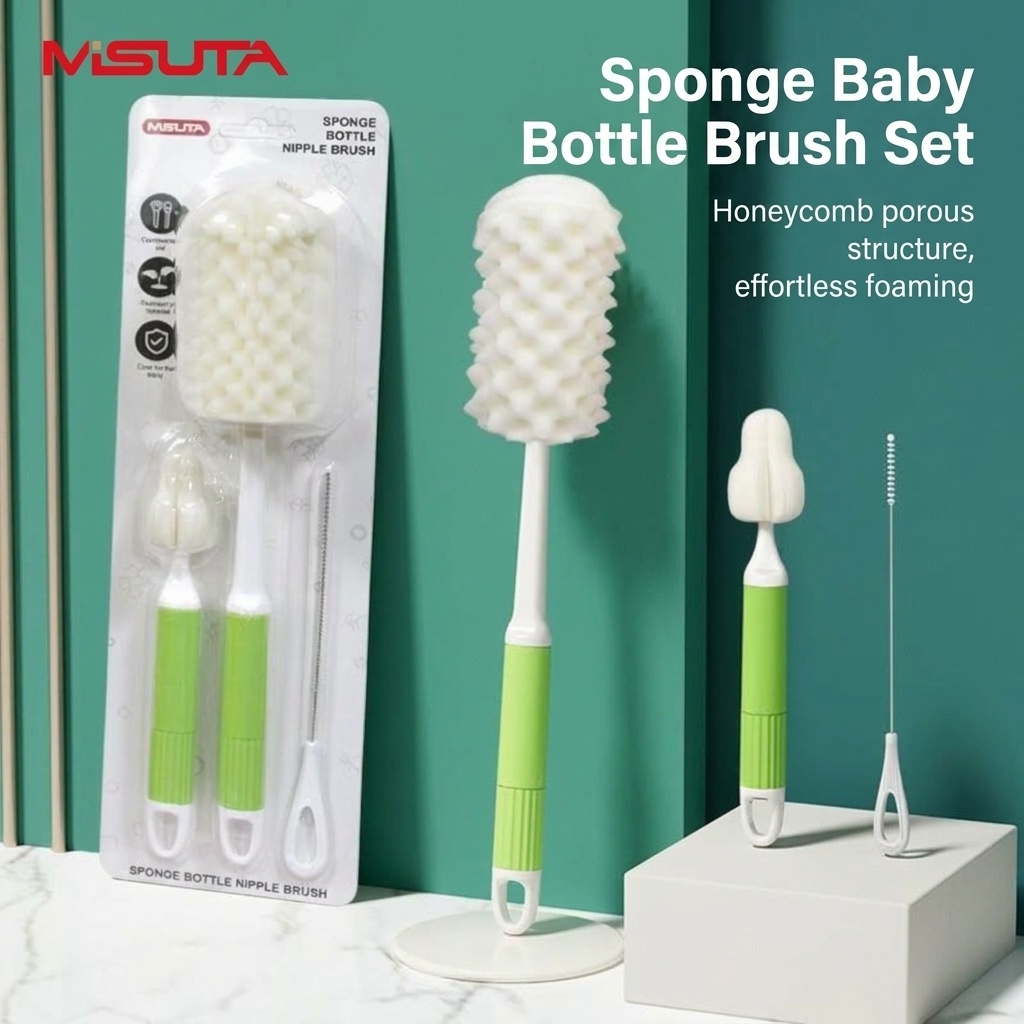 Set MISUTA 3 in 1 per la pulizia di biberon, con spugna e spazzola, kit per la pulizia di biberon, tettarelle e cannucce in schiuma ad alta densità.