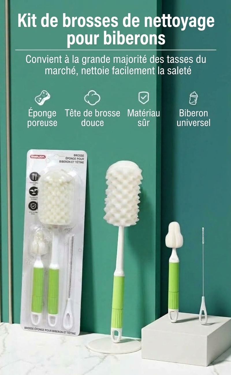 Ensemble de nettoyage éponge 3 en 1 MISUTA pour biberons, comprenant un kit de nettoyage pour biberons en mousse haute densité, tétines et pailles.