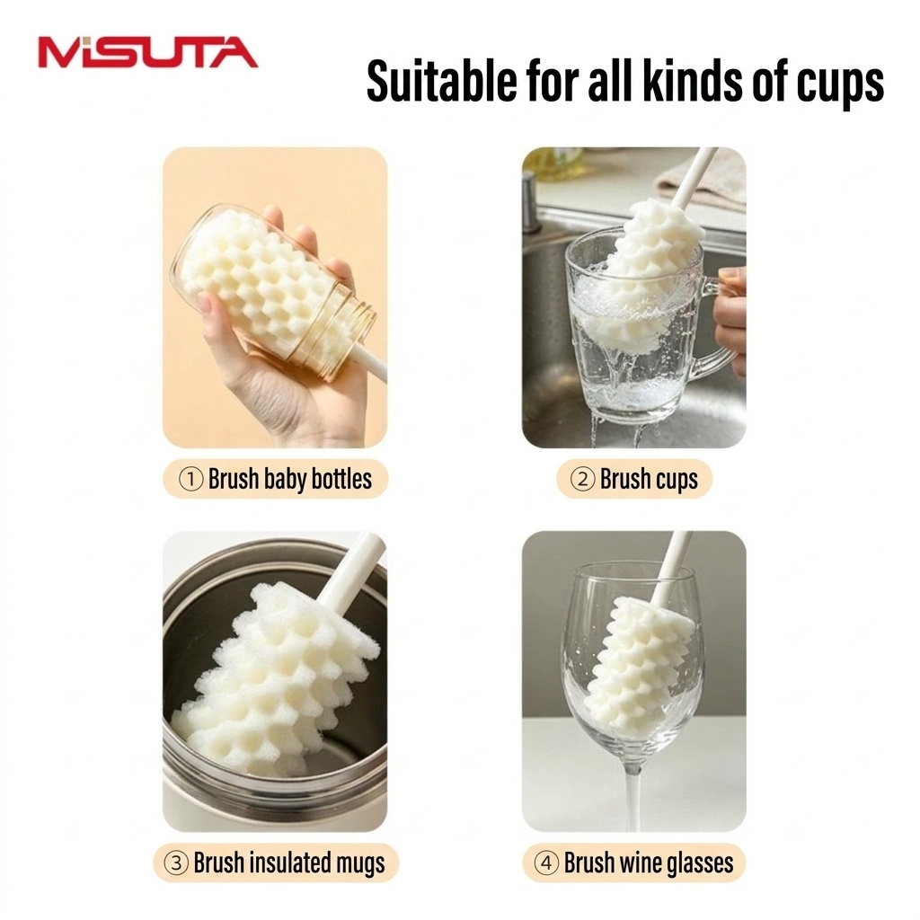 Set MISUTA 3 in 1 per la pulizia di biberon, con spugna e spazzola, kit per la pulizia di biberon, tettarelle e cannucce in schiuma ad alta densità.