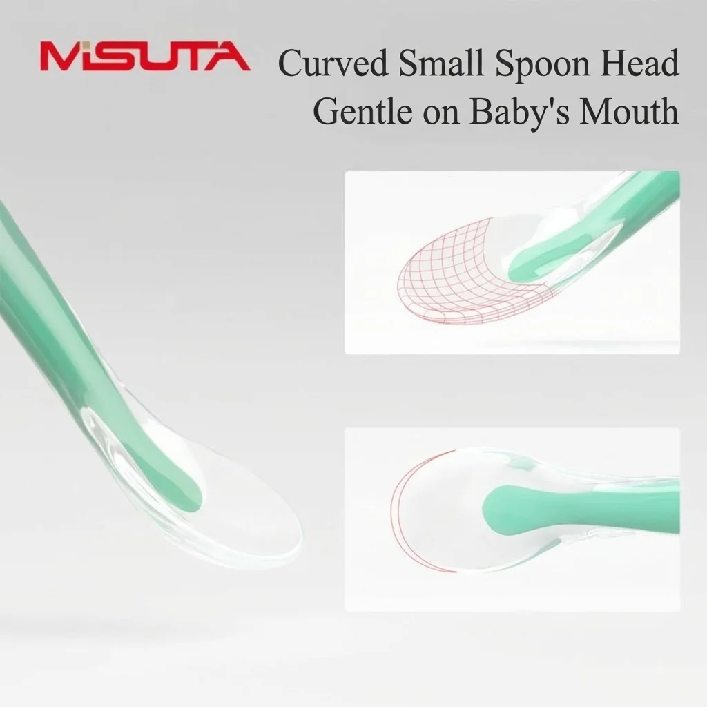 MISUTA Confezione da 2 cucchiaini per neonati in morbido silicone, primi cucchiaini per l'autoalimentazione del neonato, ideali per lo svezzamento e l'introduzione dei cibi solidi (15,6 cm)