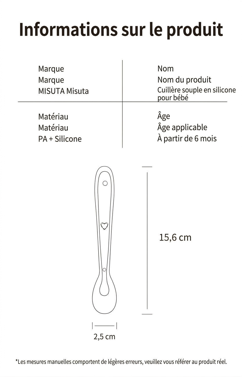 MISUTA Lot de 2 cuillères pour bébé en silicone souple, cuillères d'apprentissage de l'alimentation autonome pour nourrissons (15,6 cm) pour le sevrage et la diversification alimentaire