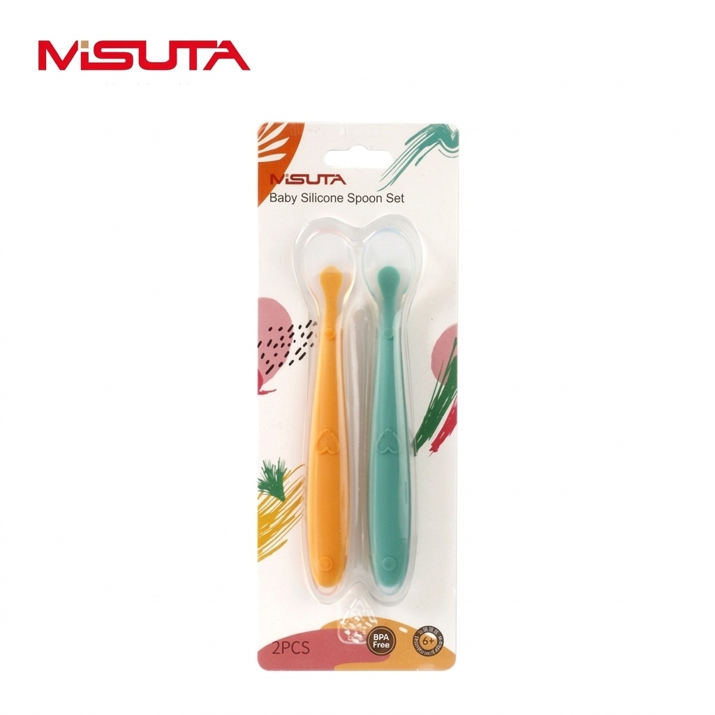 MISUTA Confezione da 2 cucchiaini per neonati in morbido silicone, primi cucchiaini per l'autoalimentazione del neonato, ideali per lo svezzamento e l'introduzione dei cibi solidi (15,6 cm)