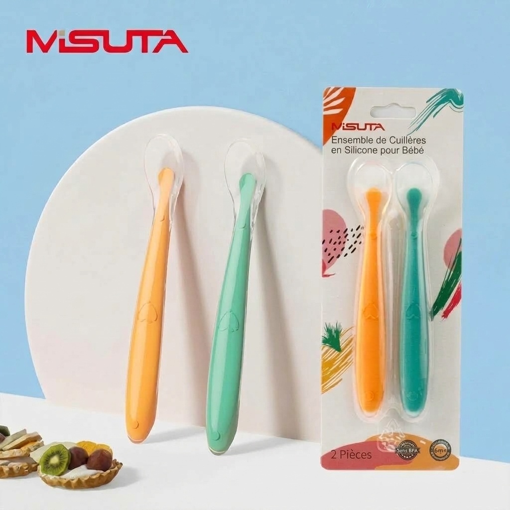 MISUTA Lot de 2 cuillères pour bébé en silicone souple, cuillères d'apprentissage de l'alimentation autonome pour nourrissons (15,6 cm) pour le sevrage et la diversification alimentaire
