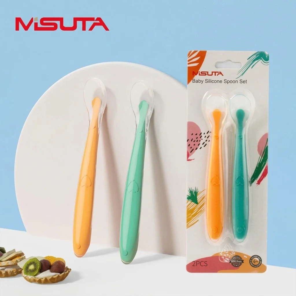 MISUTA Confezione da 2 cucchiaini per neonati in morbido silicone, primi cucchiaini per l'autoalimentazione del neonato, ideali per lo svezzamento e l'introduzione dei cibi solidi (15,6 cm)