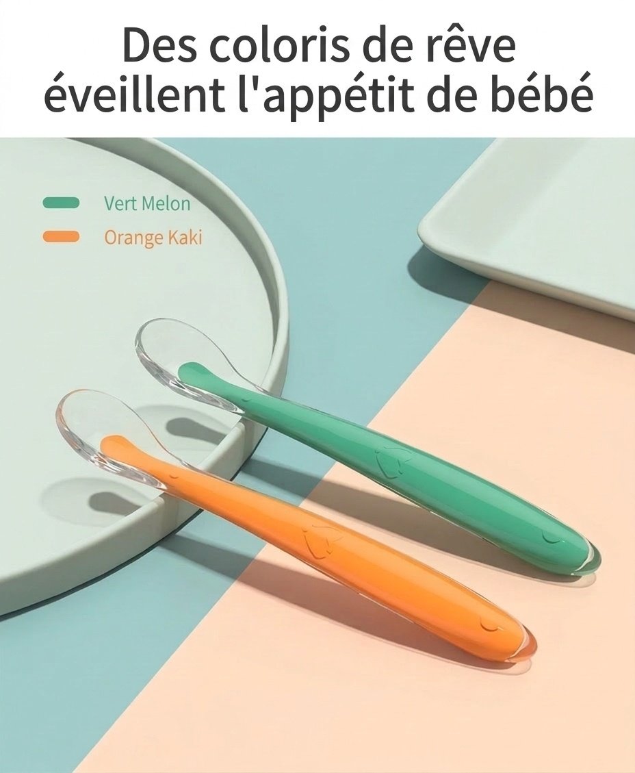 MISUTA Lot de 2 cuillères pour bébé en silicone souple, cuillères d'apprentissage de l'alimentation autonome pour nourrissons (15,6 cm) pour le sevrage et la diversification alimentaire