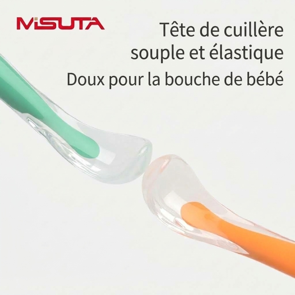 MISUTA Lot de 2 cuillères pour bébé en silicone souple, cuillères d'apprentissage de l'alimentation autonome pour nourrissons (15,6 cm) pour le sevrage et la diversification alimentaire