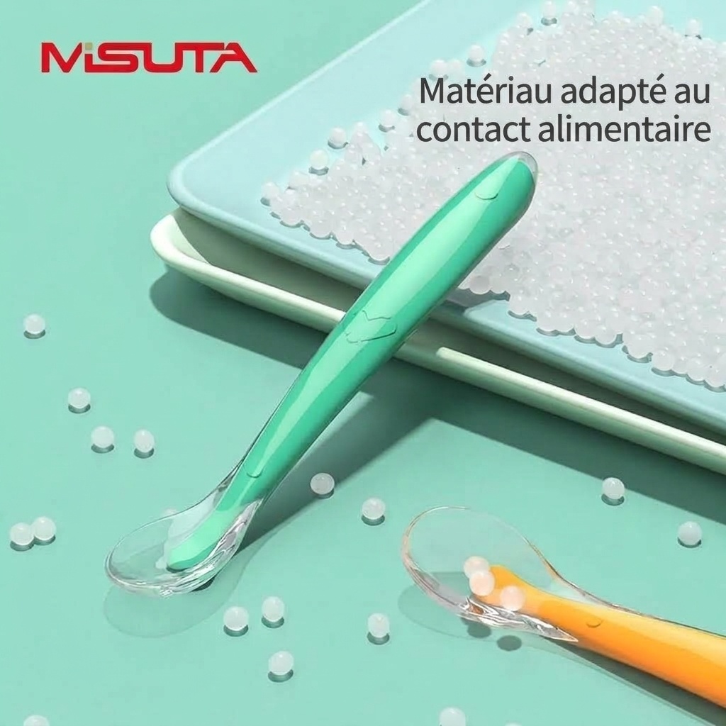 MISUTA Lot de 2 cuillères pour bébé en silicone souple, cuillères d'apprentissage de l'alimentation autonome pour nourrissons (15,6 cm) pour le sevrage et la diversification alimentaire