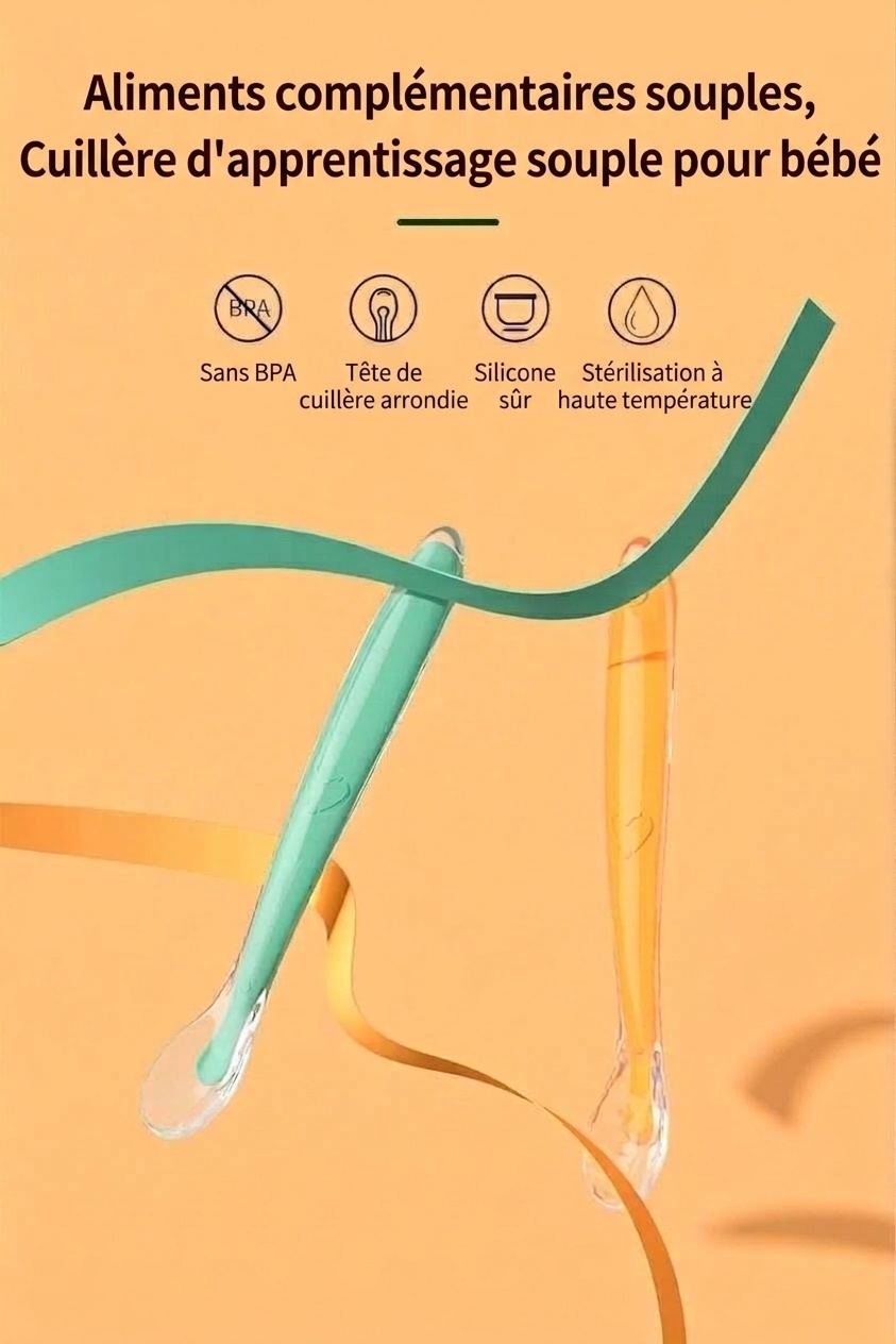 MISUTA Lot de 2 cuillères pour bébé en silicone souple, cuillères d'apprentissage de l'alimentation autonome pour nourrissons (15,6 cm) pour le sevrage et la diversification alimentaire