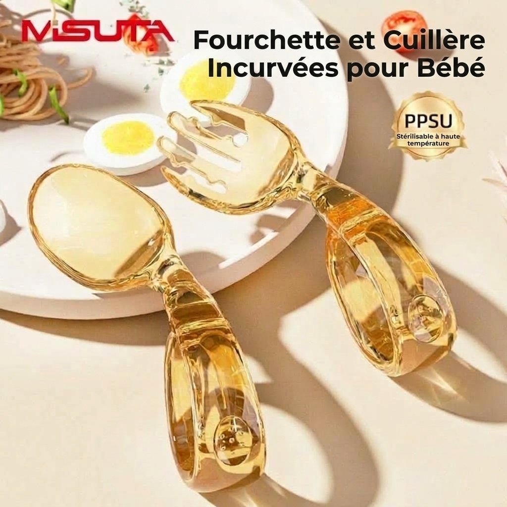 Ensemble fourchette et cuillère pour bébé MISUTA Gold PPSU avec étui de voyage, ustensiles ergonomiques pour l'apprentissage de l'autonomie alimentaire des tout-petits dès 12 mois