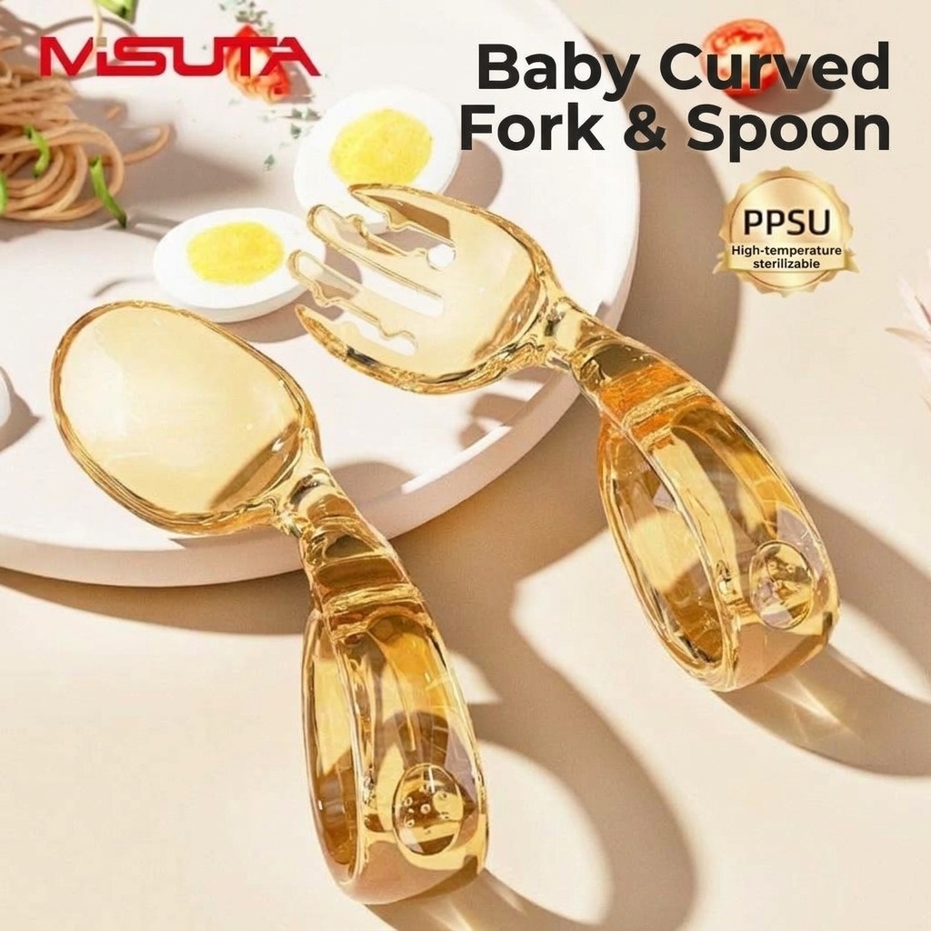 Set di forchetta e cucchiaio per bambini MISUTA Gold in PPSU con custodia da viaggio, utensili ergonomici per l'autoalimentazione dei bambini dai 12 mesi in su.
