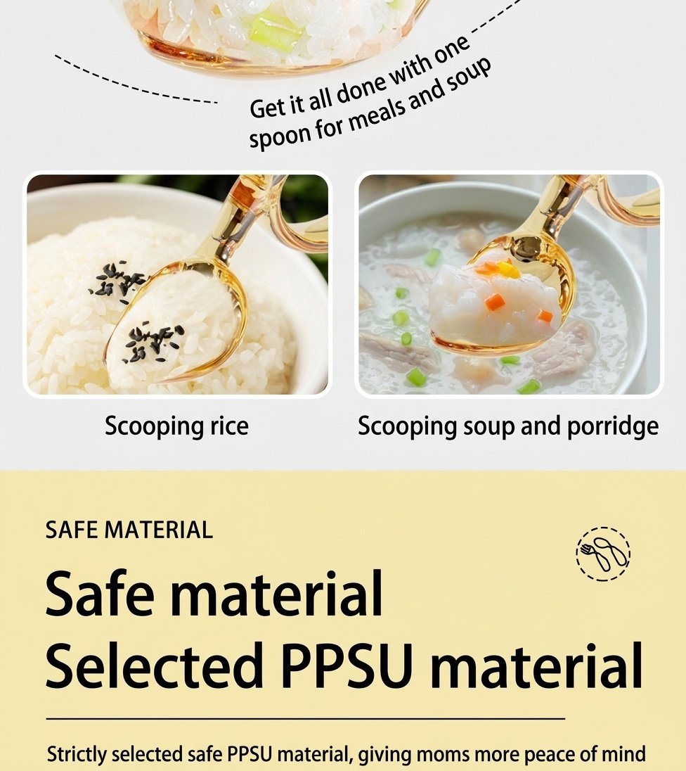 Set di forchetta e cucchiaio per bambini MISUTA Gold in PPSU con custodia da viaggio, utensili ergonomici per l'autoalimentazione dei bambini dai 12 mesi in su.