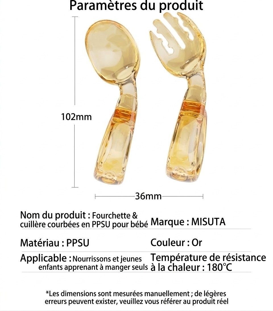 Ensemble fourchette et cuillère pour bébé MISUTA Gold PPSU avec étui de voyage, ustensiles ergonomiques pour l'apprentissage de l'autonomie alimentaire des tout-petits dès 12 mois