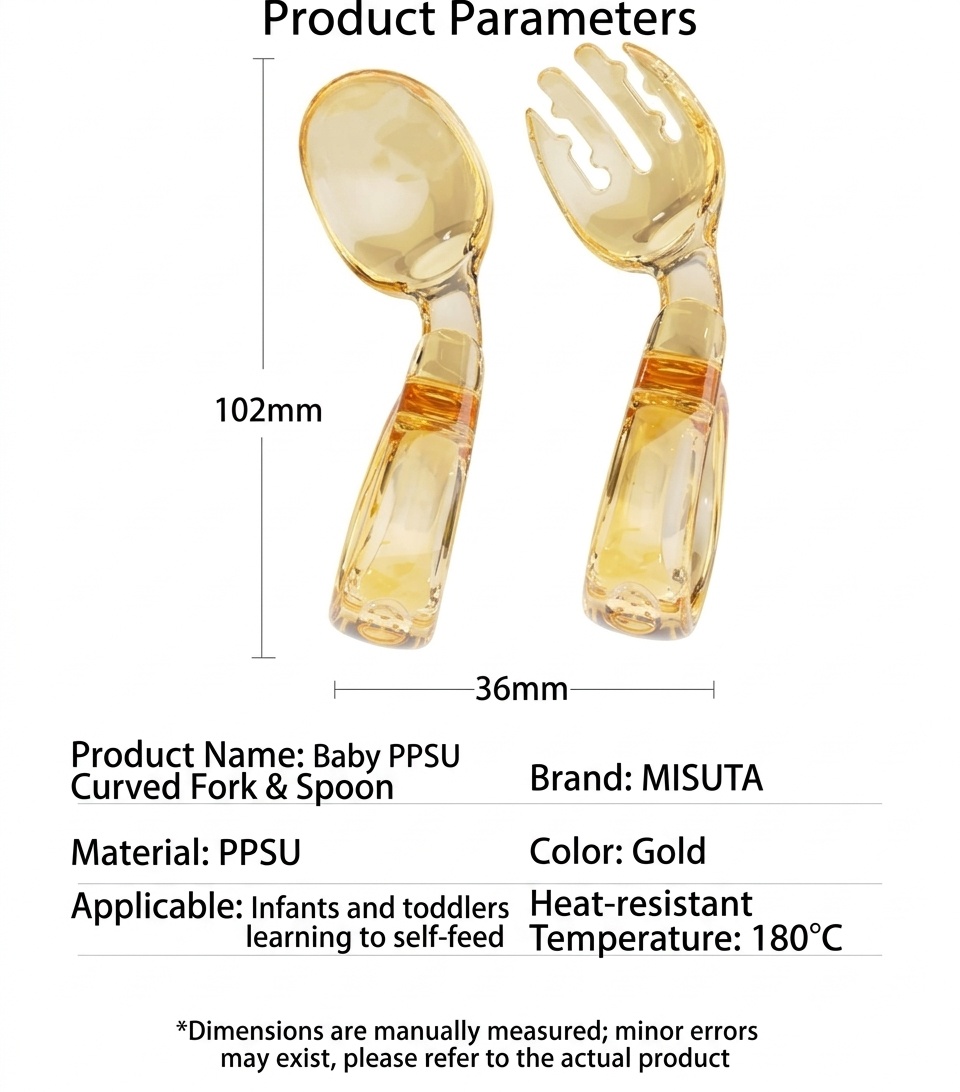 Set di forchetta e cucchiaio per bambini MISUTA Gold in PPSU con custodia da viaggio, utensili ergonomici per l'autoalimentazione dei bambini dai 12 mesi in su.