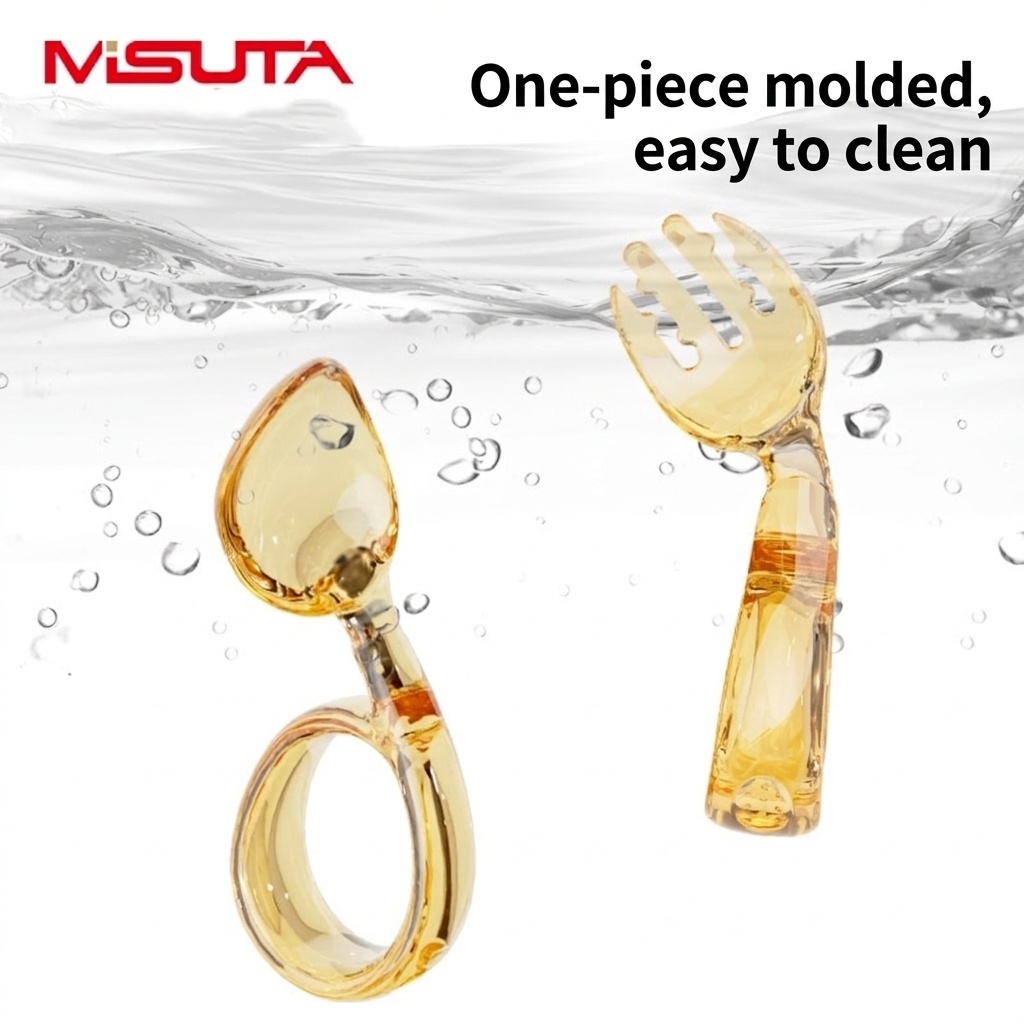 Set di forchetta e cucchiaio per bambini MISUTA Gold in PPSU con custodia da viaggio, utensili ergonomici per l'autoalimentazione dei bambini dai 12 mesi in su.