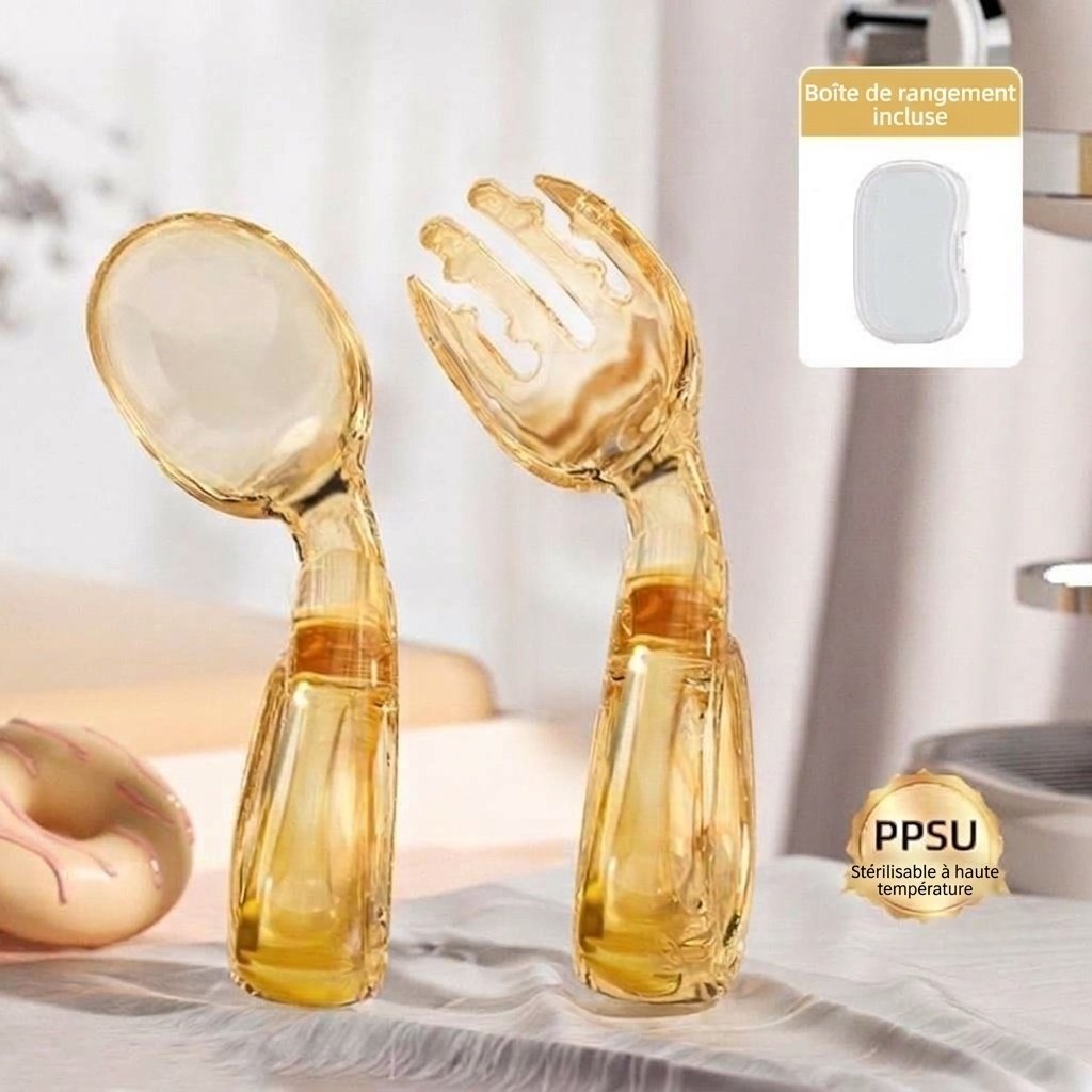 Ensemble fourchette et cuillère pour bébé MISUTA Gold PPSU avec étui de voyage, ustensiles ergonomiques pour l'apprentissage de l'autonomie alimentaire des tout-petits dès 12 mois