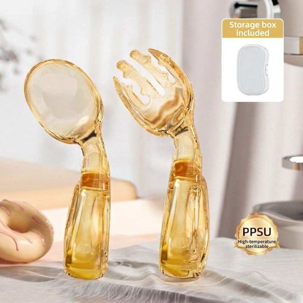 Set di forchetta e cucchiaio per bambini MISUTA Gold in PPSU con custodia da viaggio, utensili ergonomici per l'autoalimentazione dei bambini dai 12 mesi in su.