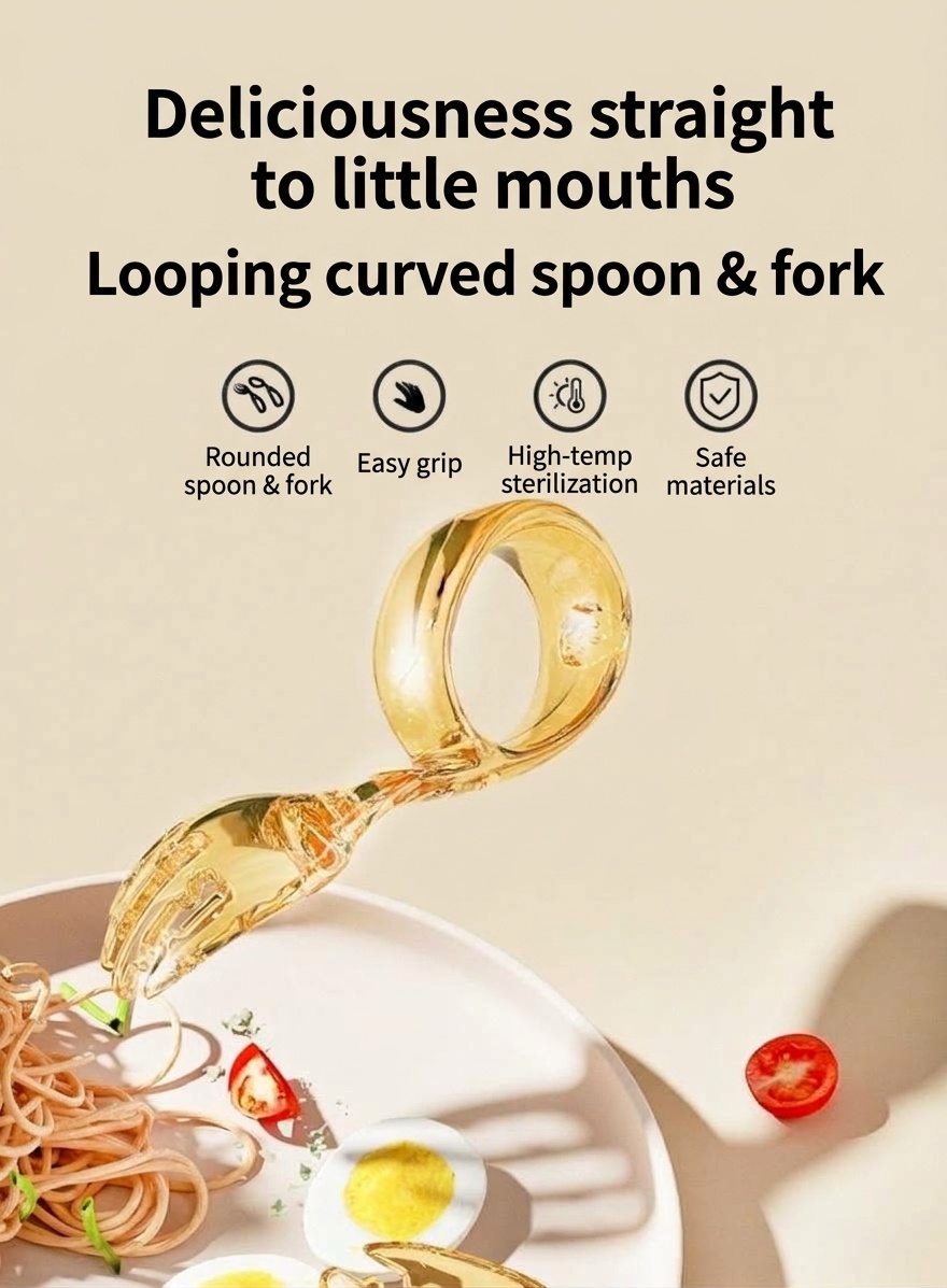 Set di forchetta e cucchiaio per bambini MISUTA Gold in PPSU con custodia da viaggio, utensili ergonomici per l'autoalimentazione dei bambini dai 12 mesi in su.