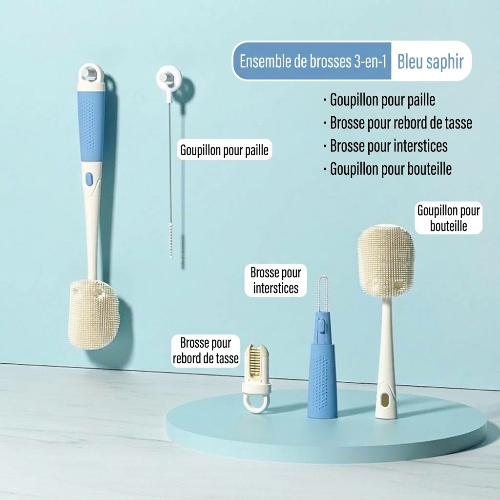 Ensemble de goupillons 3 en 1 MISUTA en silicone pour biberons et tétines, avec nettoyeur de paille escamotable et long manche rotatif à 360°