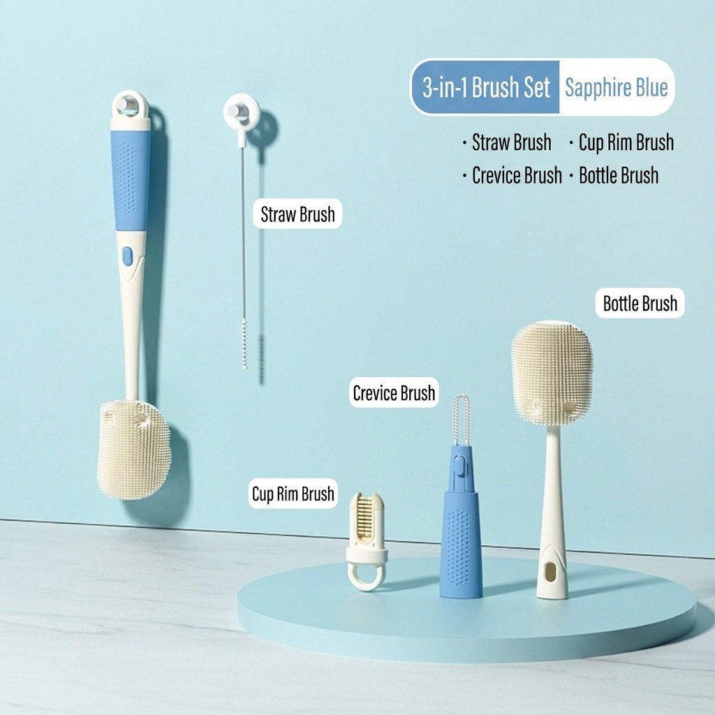 Set MISUTA 3 in 1 con spazzolino per biberon e tettarella in silicone, spazzolino per cannucce a scomparsa con manico lungo girevole a 360°.