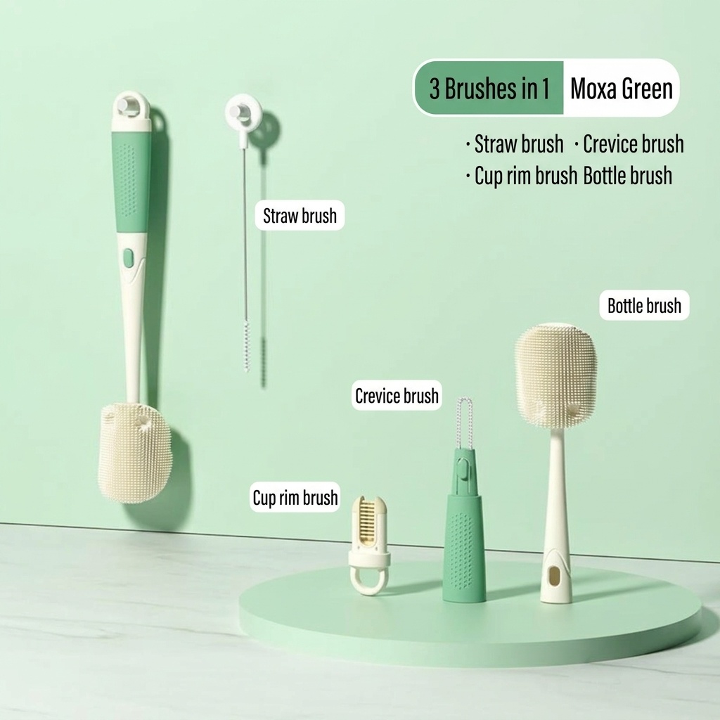Set MISUTA 3 in 1 con spazzolino per biberon e tettarella in silicone, spazzolino per cannucce a scomparsa con manico lungo girevole a 360°.