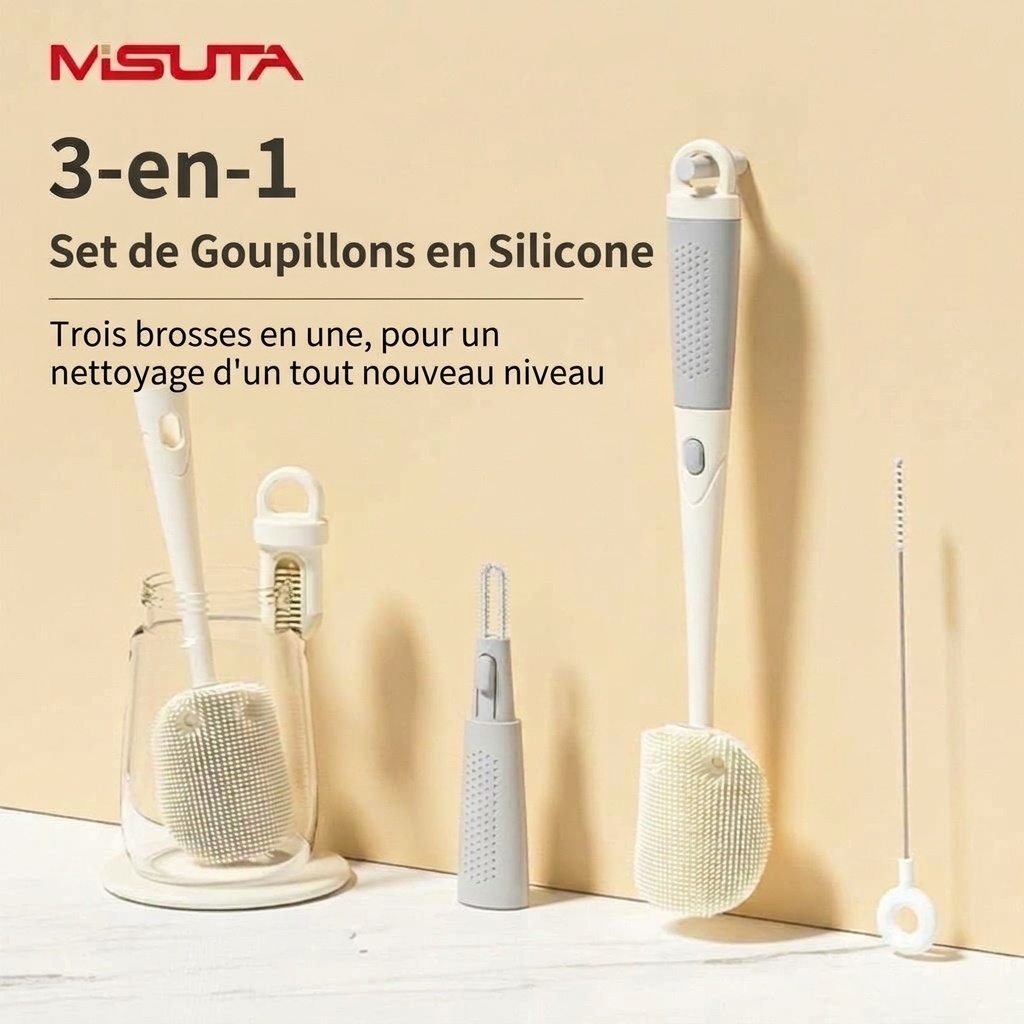 Ensemble de goupillons 3 en 1 MISUTA en silicone pour biberons et tétines, avec nettoyeur de paille escamotable et long manche rotatif à 360°