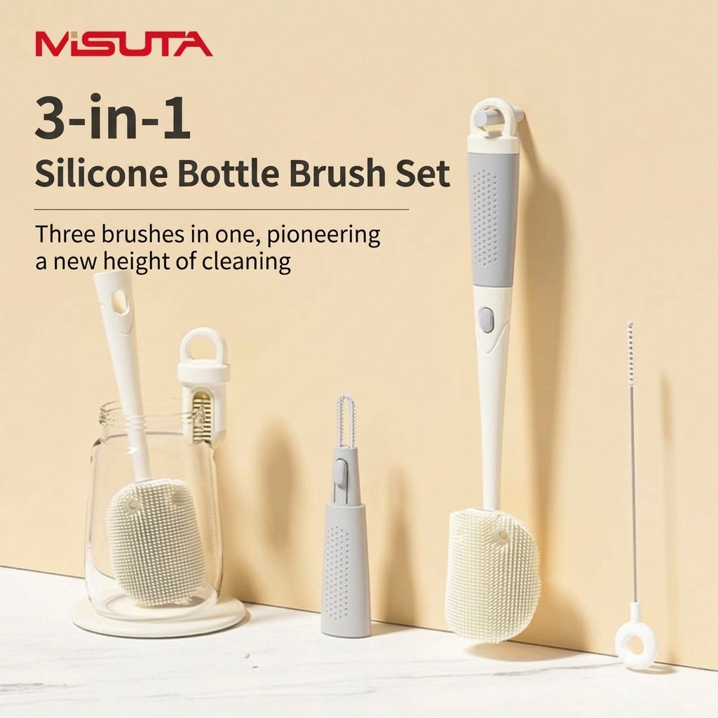 Set MISUTA 3 in 1 con spazzolino per biberon e tettarella in silicone, spazzolino per cannucce a scomparsa con manico lungo girevole a 360°.