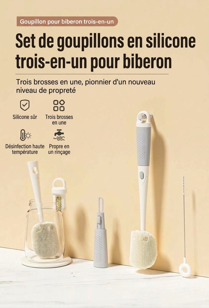 Ensemble de goupillons 3 en 1 MISUTA en silicone pour biberons et tétines, avec nettoyeur de paille escamotable et long manche rotatif à 360°
