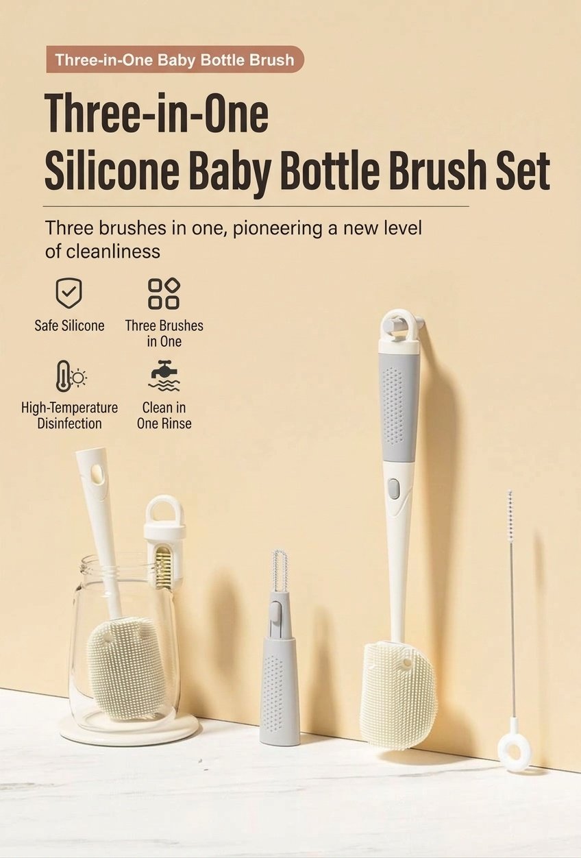 Set MISUTA 3 in 1 con spazzolino per biberon e tettarella in silicone, spazzolino per cannucce a scomparsa con manico lungo girevole a 360°.