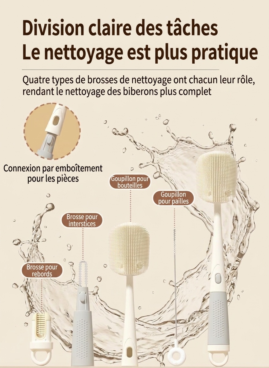 Ensemble de goupillons 3 en 1 MISUTA en silicone pour biberons et tétines, avec nettoyeur de paille escamotable et long manche rotatif à 360°