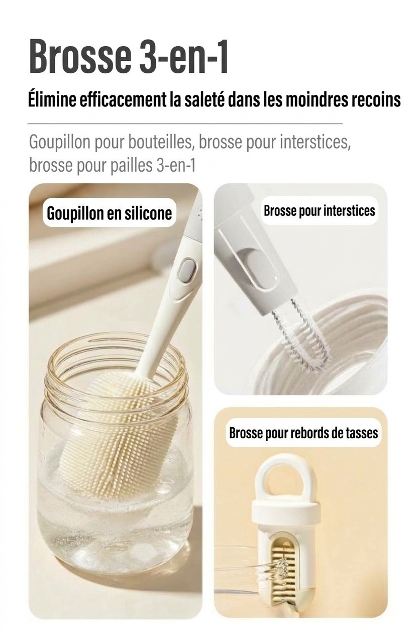 Ensemble de goupillons 3 en 1 MISUTA en silicone pour biberons et tétines, avec nettoyeur de paille escamotable et long manche rotatif à 360°