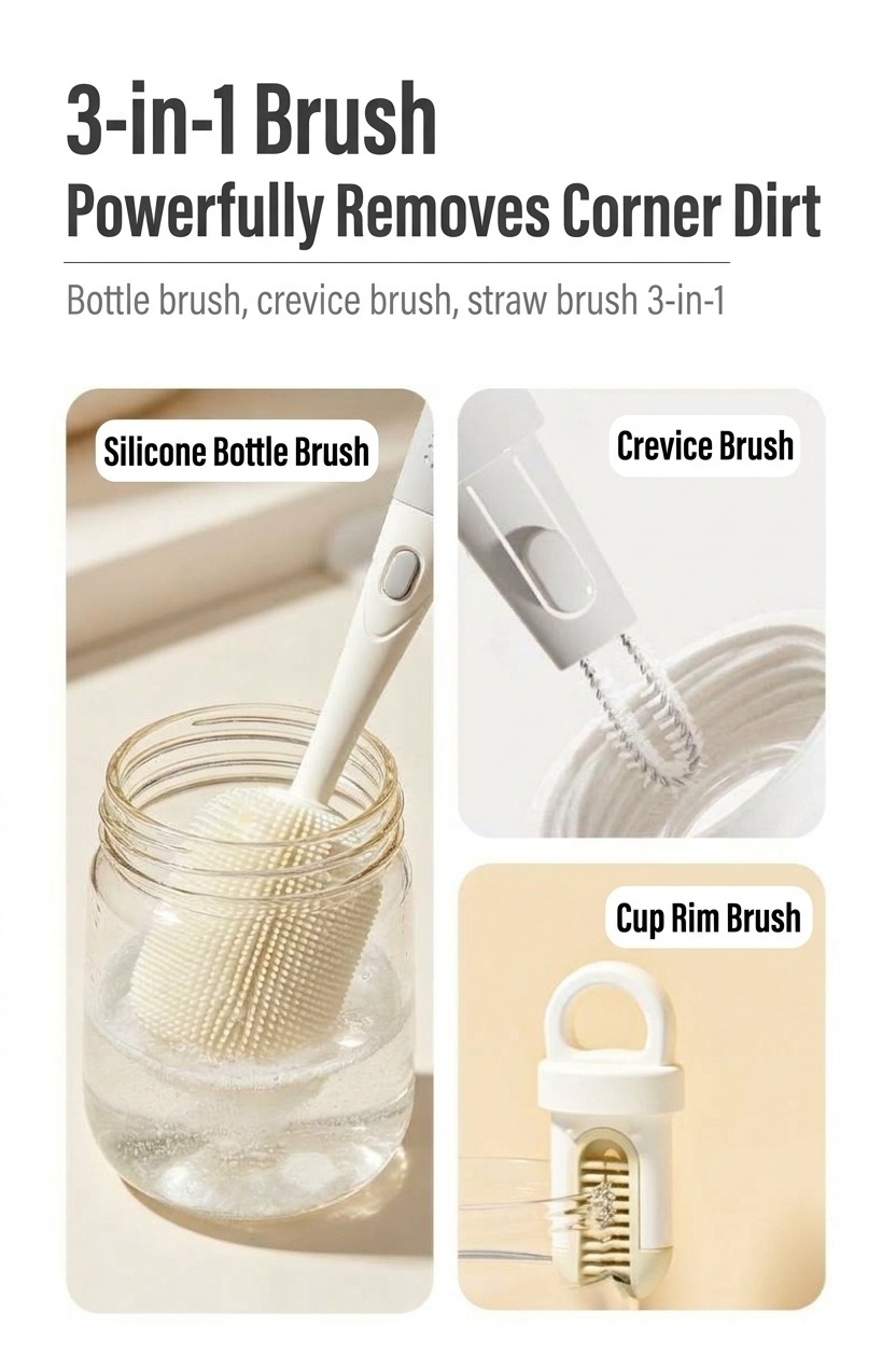 Set MISUTA 3 in 1 con spazzolino per biberon e tettarella in silicone, spazzolino per cannucce a scomparsa con manico lungo girevole a 360°.