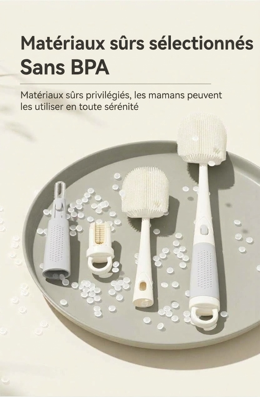 Ensemble de goupillons 3 en 1 MISUTA en silicone pour biberons et tétines, avec nettoyeur de paille escamotable et long manche rotatif à 360°