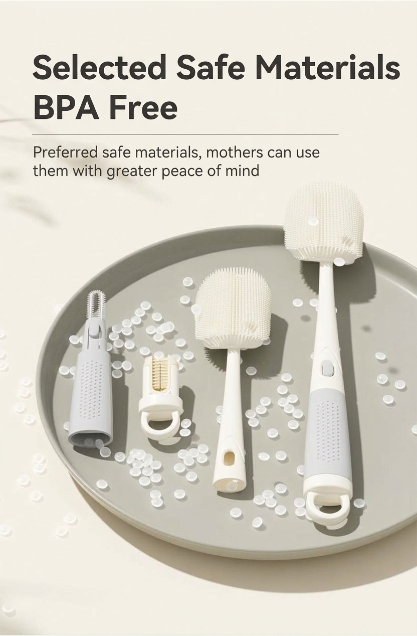 Set MISUTA 3 in 1 con spazzolino per biberon e tettarella in silicone, spazzolino per cannucce a scomparsa con manico lungo girevole a 360°.