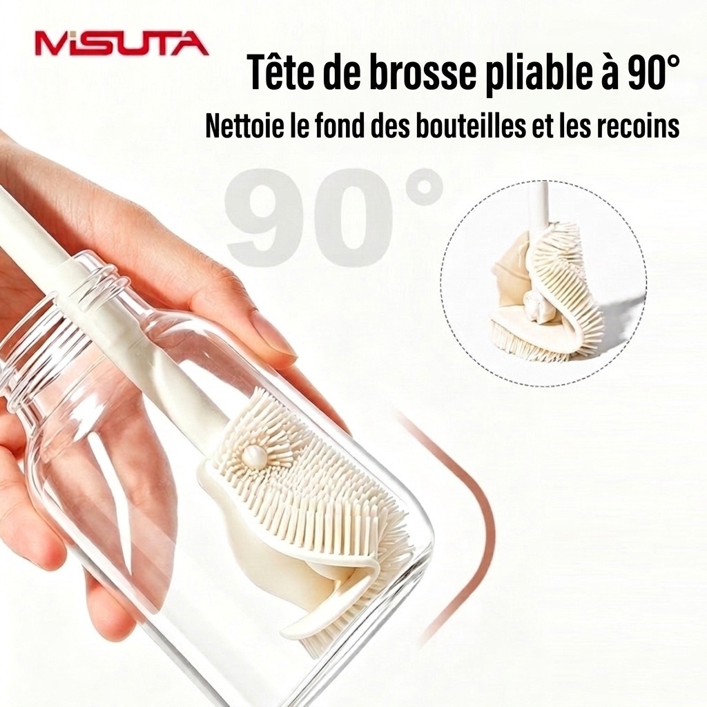 Ensemble de goupillons 3 en 1 MISUTA en silicone pour biberons et tétines, avec nettoyeur de paille escamotable et long manche rotatif à 360°