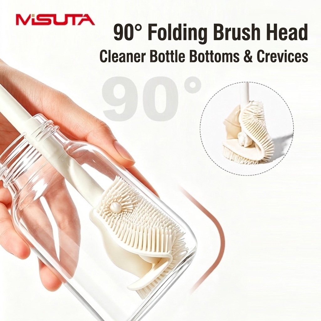Set MISUTA 3 in 1 con spazzolino per biberon e tettarella in silicone, spazzolino per cannucce a scomparsa con manico lungo girevole a 360°.