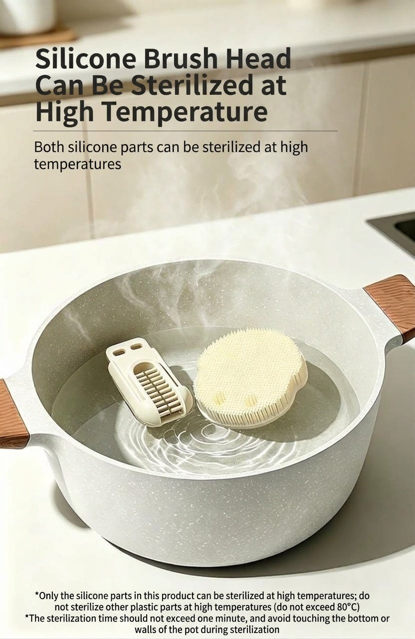 Set MISUTA 3 in 1 con spazzolino per biberon e tettarella in silicone, spazzolino per cannucce a scomparsa con manico lungo girevole a 360°.