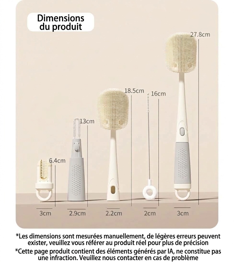 Ensemble de goupillons 3 en 1 MISUTA en silicone pour biberons et tétines, avec nettoyeur de paille escamotable et long manche rotatif à 360°