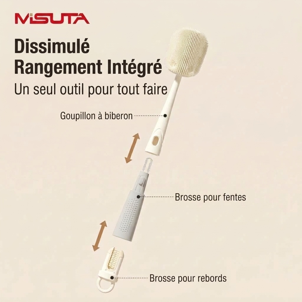 Ensemble de goupillons 3 en 1 MISUTA en silicone pour biberons et tétines, avec nettoyeur de paille escamotable et long manche rotatif à 360°