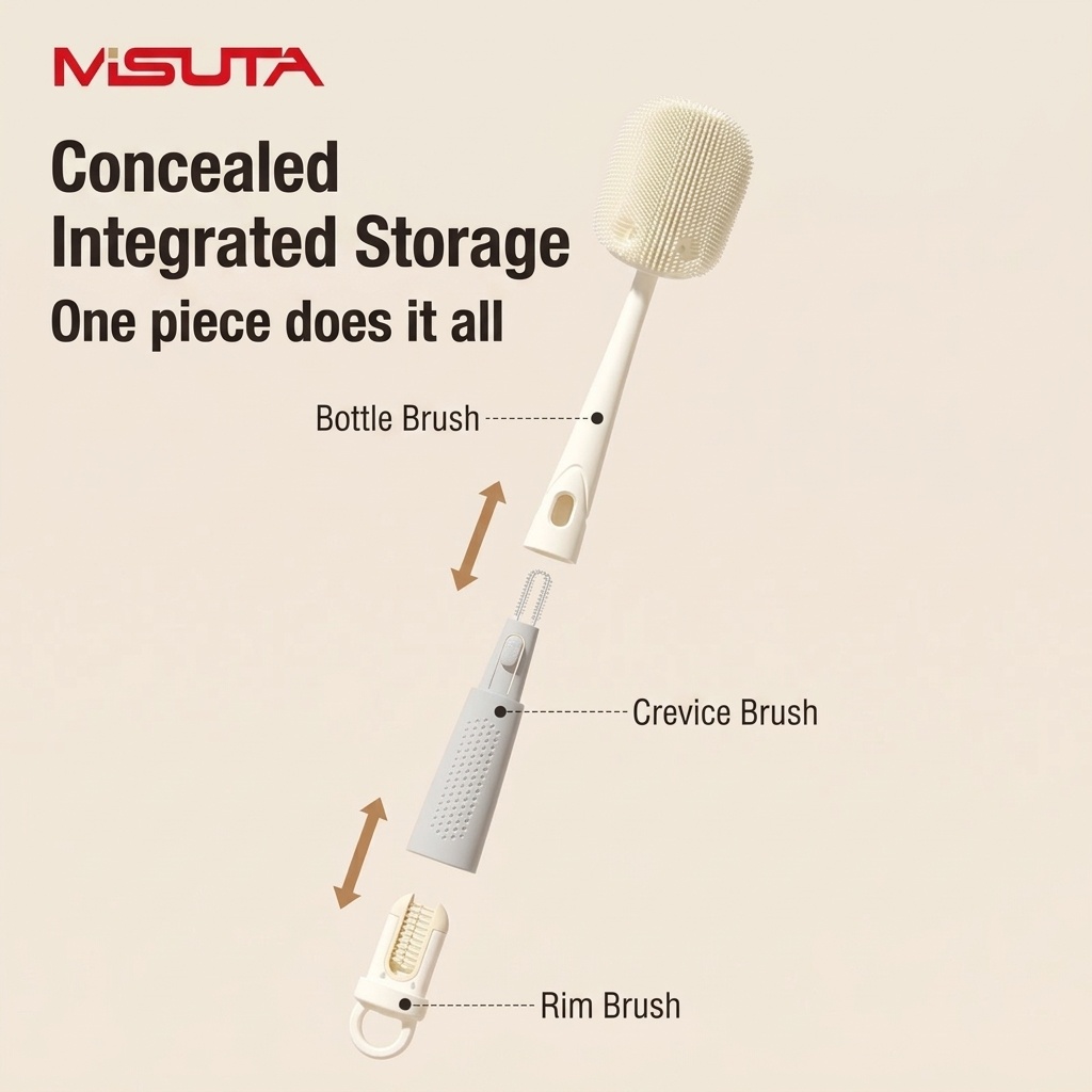 Set MISUTA 3 in 1 con spazzolino per biberon e tettarella in silicone, spazzolino per cannucce a scomparsa con manico lungo girevole a 360°.