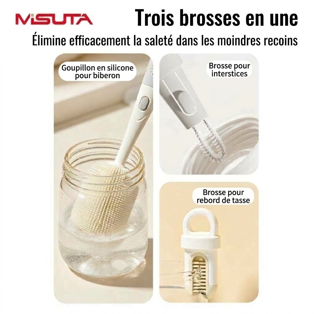 Ensemble de goupillons 3 en 1 MISUTA en silicone pour biberons et tétines, avec nettoyeur de paille escamotable et long manche rotatif à 360°