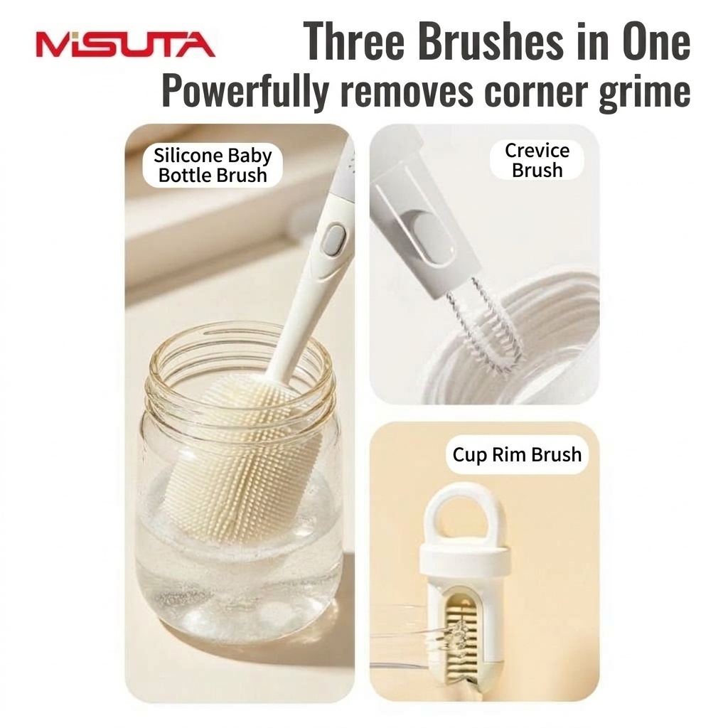 Set MISUTA 3 in 1 con spazzolino per biberon e tettarella in silicone, spazzolino per cannucce a scomparsa con manico lungo girevole a 360°.
