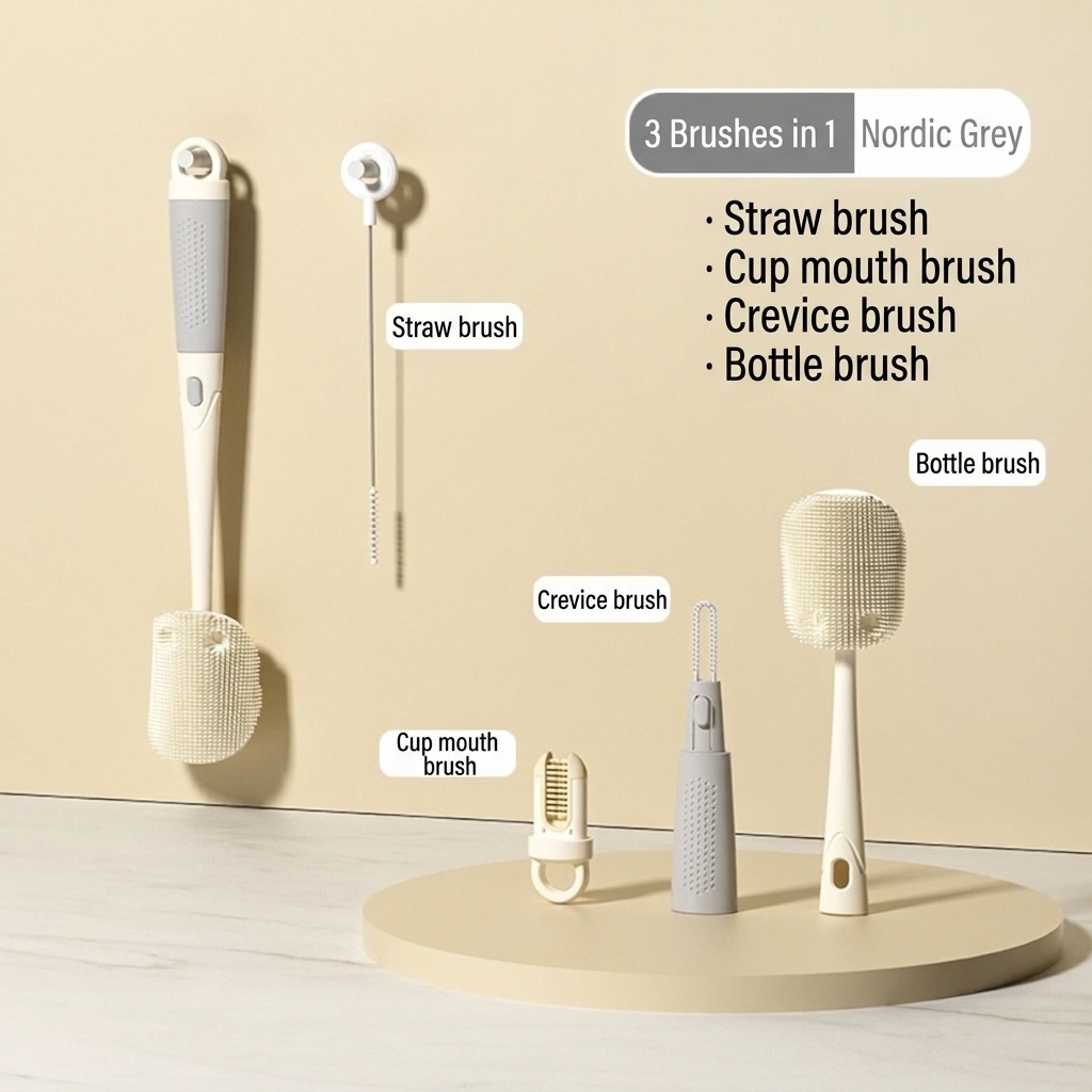 Set MISUTA 3 in 1 con spazzolino per biberon e tettarella in silicone, spazzolino per cannucce a scomparsa con manico lungo girevole a 360°.