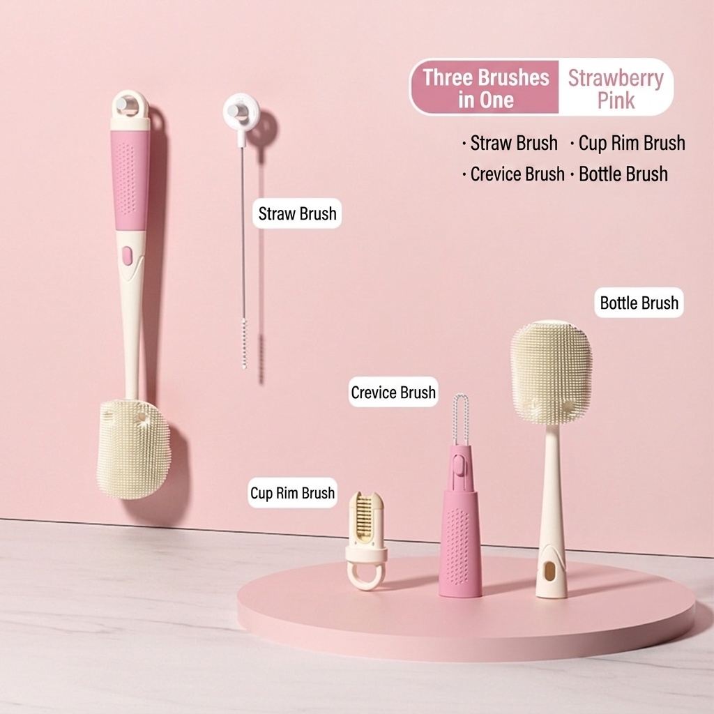 Set MISUTA 3 in 1 con spazzolino per biberon e tettarella in silicone, spazzolino per cannucce a scomparsa con manico lungo girevole a 360°.