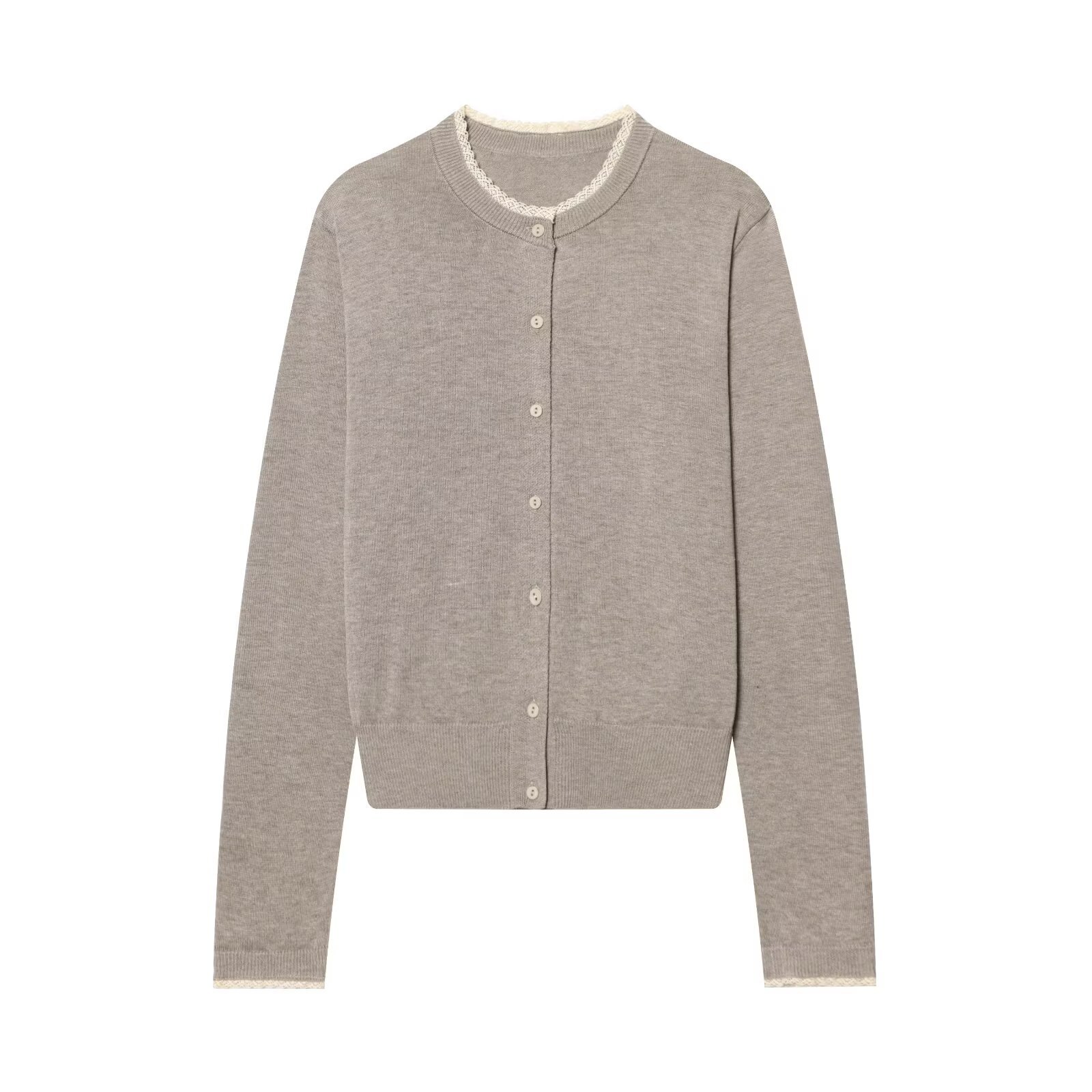 Suéter tipo cárdigan de punto con ribete de encaje KUN-00100