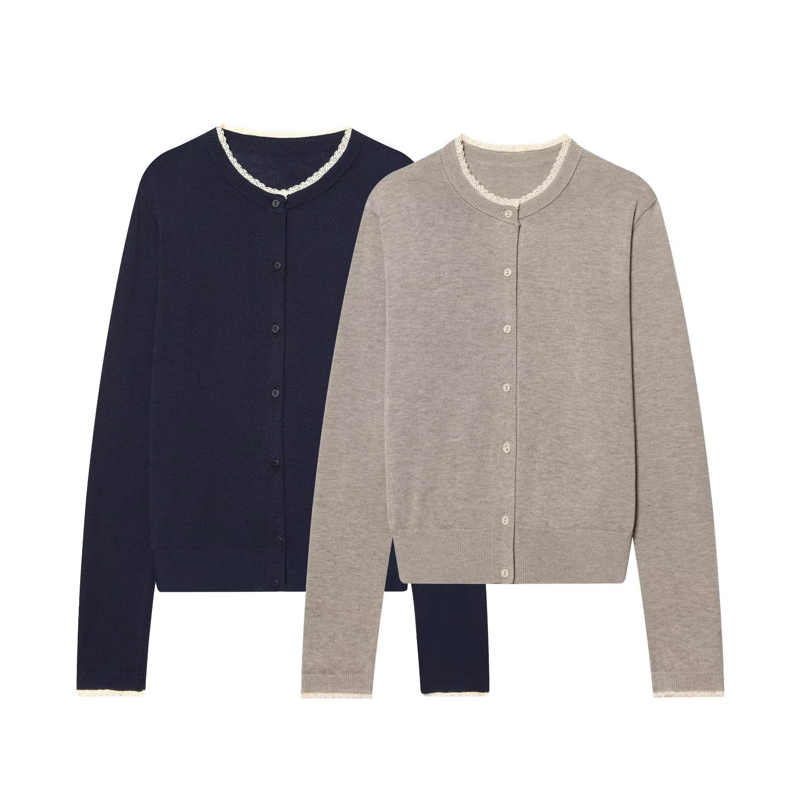 Suéter tipo cárdigan de punto con ribete de encaje KUN-00100