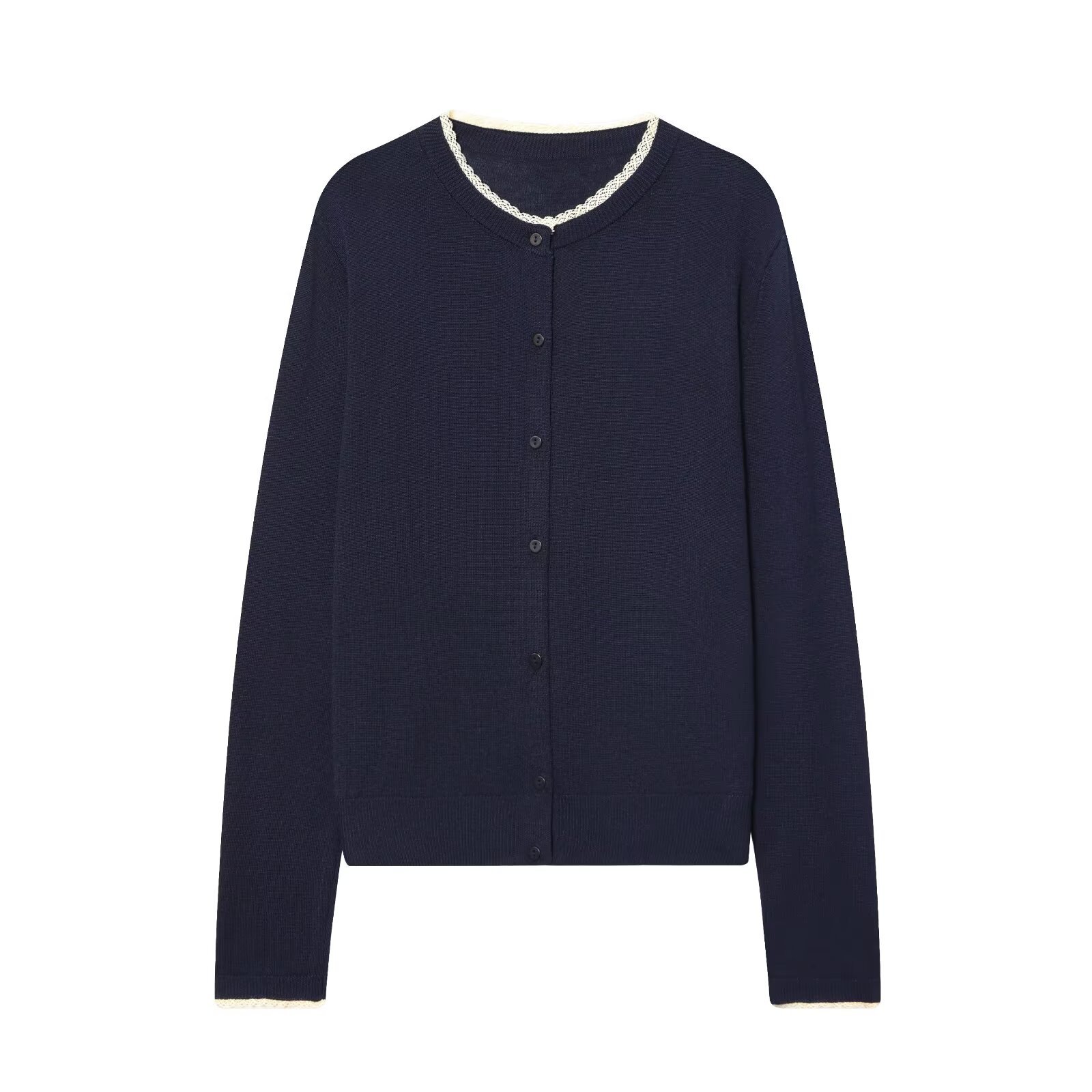 Suéter tipo cárdigan de punto con ribete de encaje KUN-00100