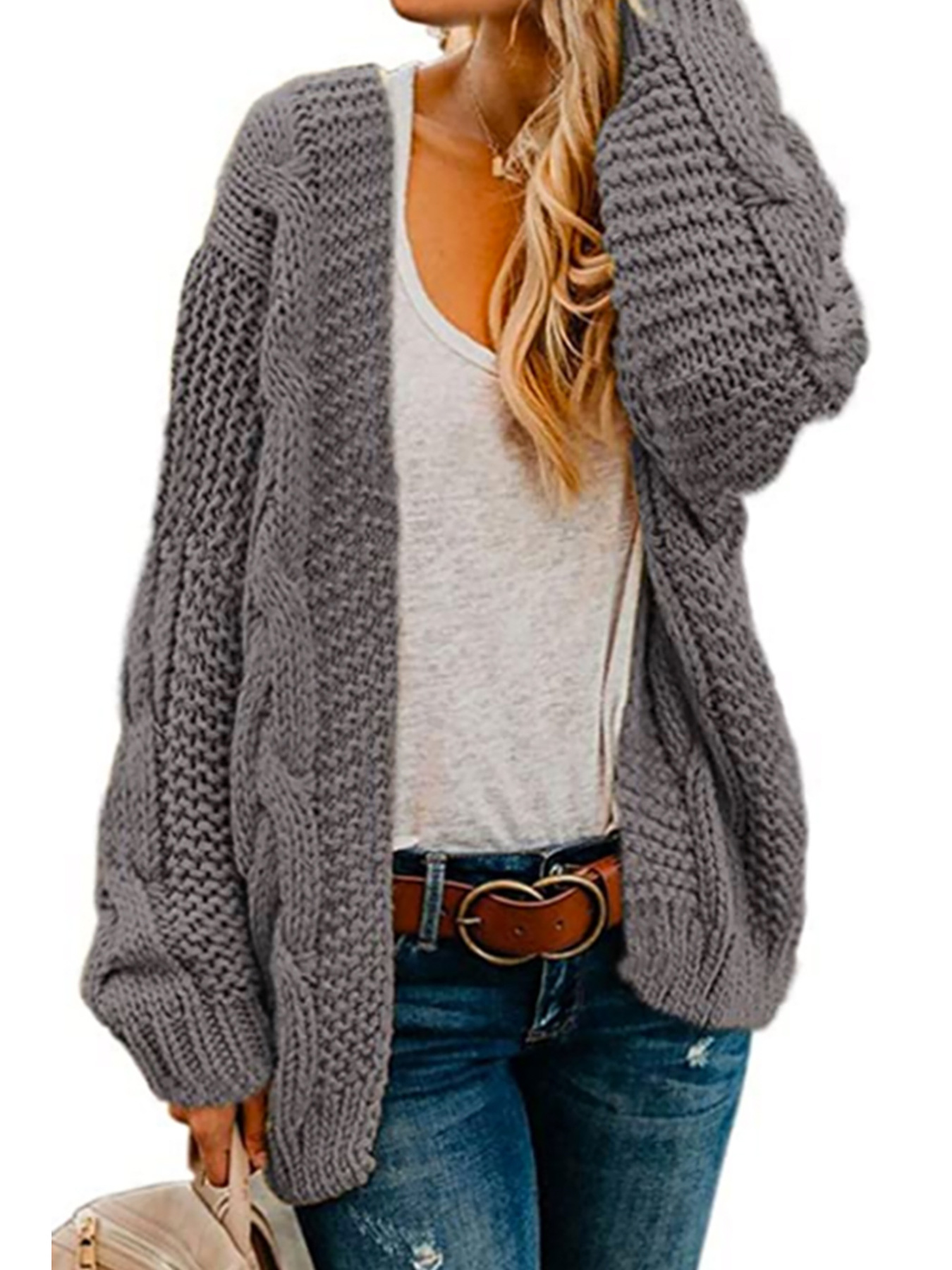 Women's Knit Cardigan Sweater Cable Knit Long Sleeve Open Front